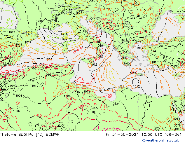 Theta-e 850hPa ECMWF Fr 31.05.2024 12 UTC