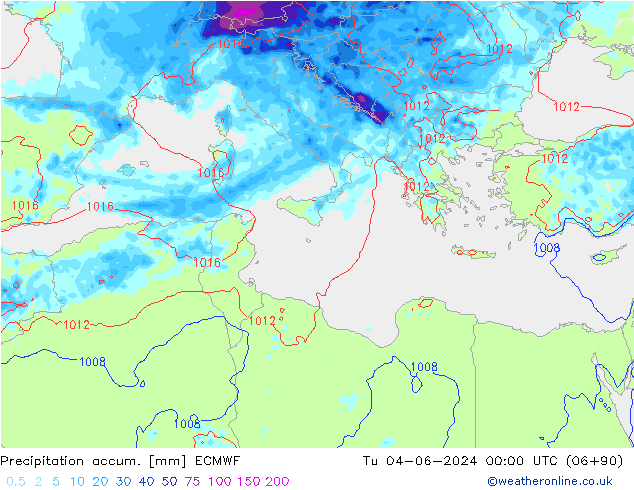 Totale neerslag ECMWF di 04.06.2024 00 UTC