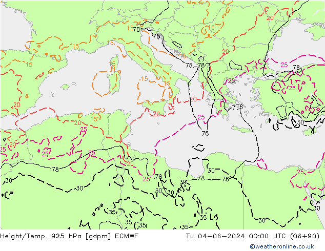 Height/Temp. 925 hPa ECMWF Tu 04.06.2024 00 UTC