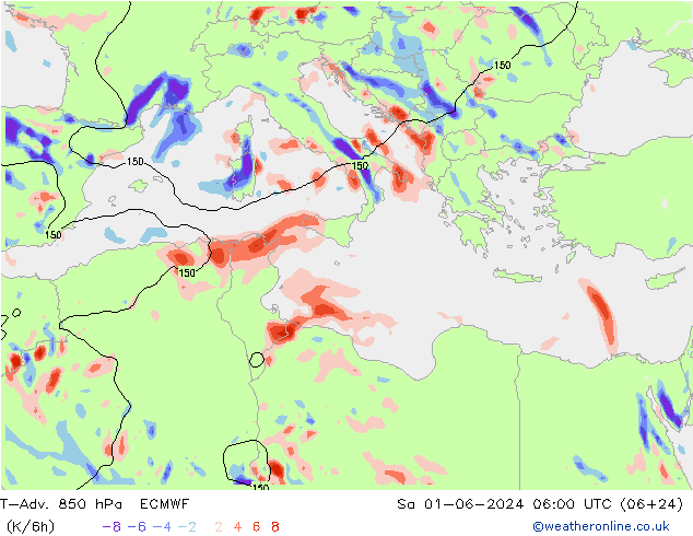 T-Adv. 850 hPa ECMWF sáb 01.06.2024 06 UTC