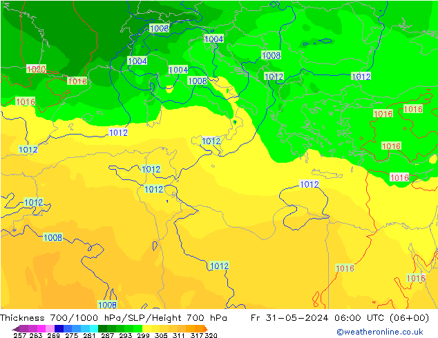 Schichtdicke 700-1000 hPa ECMWF Fr 31.05.2024 06 UTC