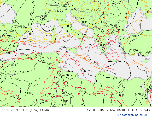 Theta-e 700hPa ECMWF za 01.06.2024 06 UTC