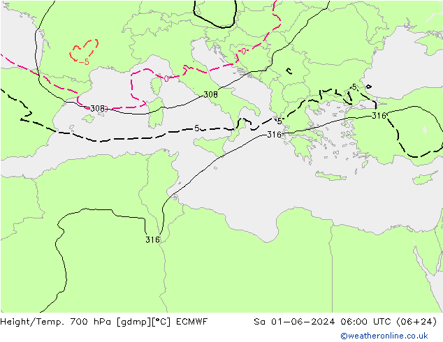 Height/Temp. 700 hPa ECMWF Sa 01.06.2024 06 UTC