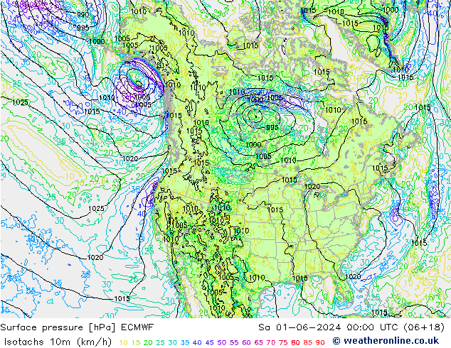 Isotachs (kph) ECMWF Sa 01.06.2024 00 UTC