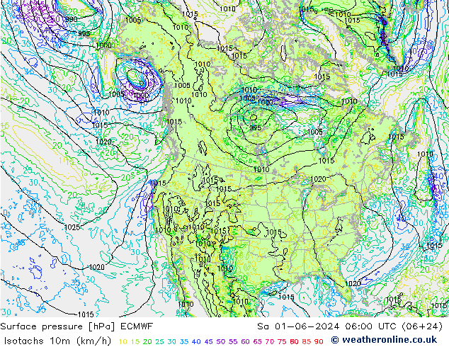 Isotachen (km/h) ECMWF Sa 01.06.2024 06 UTC