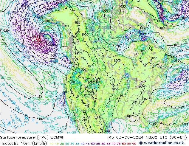 Isotachs (kph) ECMWF Po 03.06.2024 18 UTC