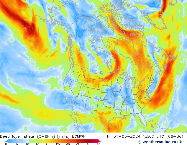 Deep layer shear (0-6km) ECMWF  31.05.2024 12 UTC