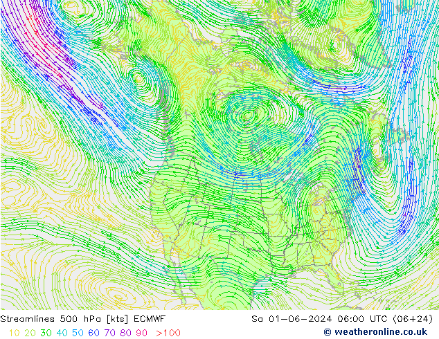 Linia prądu 500 hPa ECMWF so. 01.06.2024 06 UTC