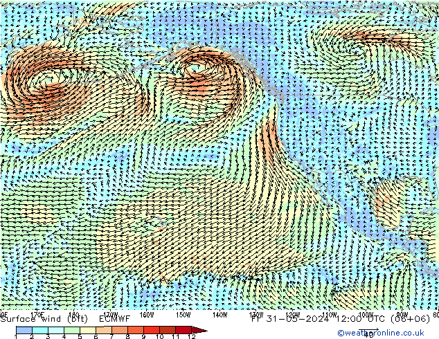 Vento 10 m (bft) ECMWF Sex 31.05.2024 12 UTC