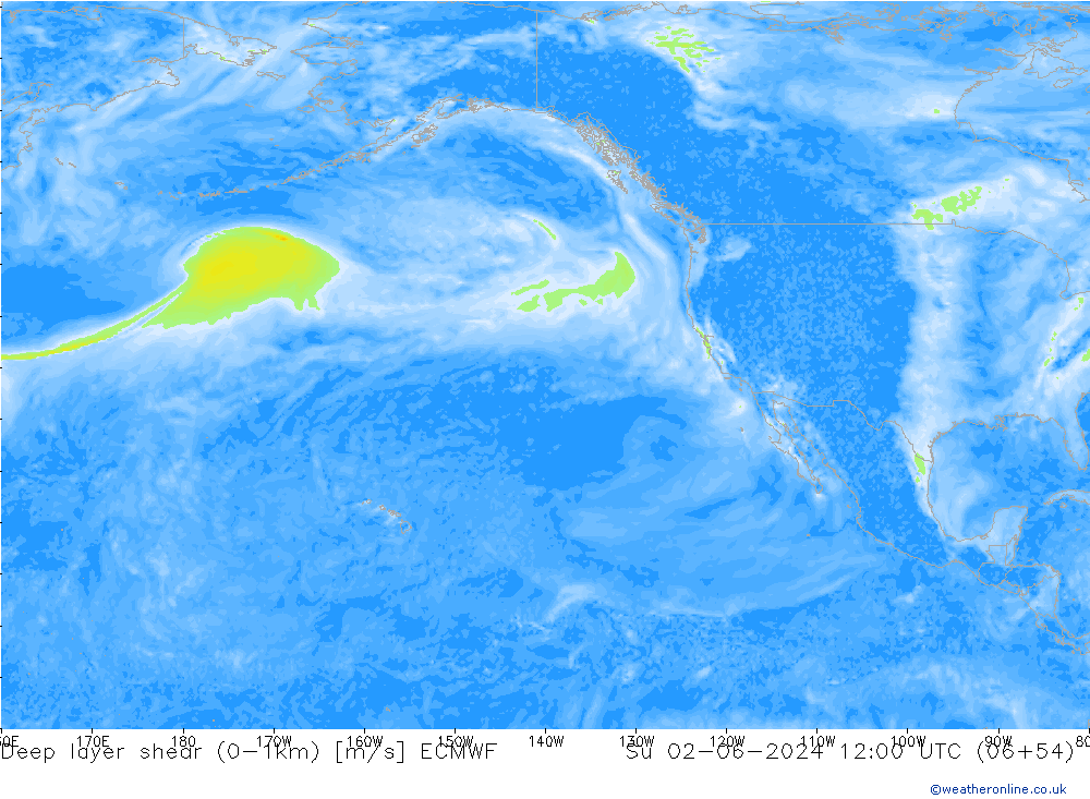 Deep layer shear (0-1km) ECMWF Paz 02.06.2024 12 UTC