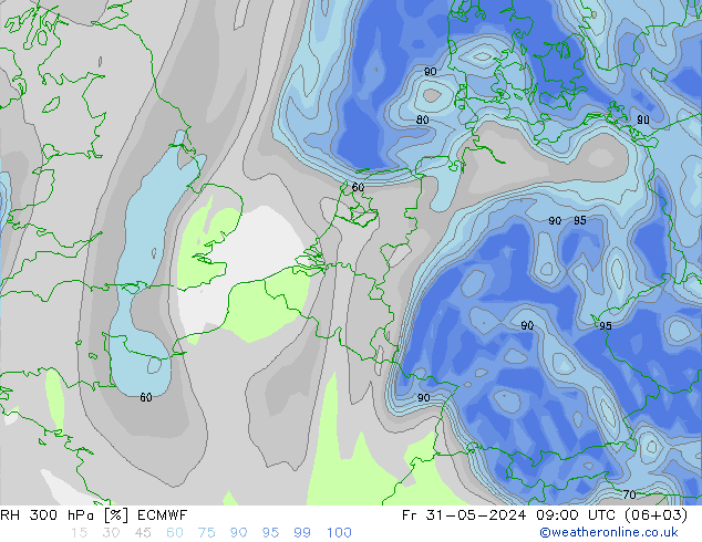 RH 300 hPa ECMWF Sex 31.05.2024 09 UTC