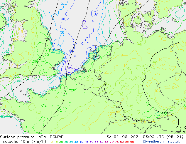 Isotachs (kph) ECMWF sam 01.06.2024 06 UTC