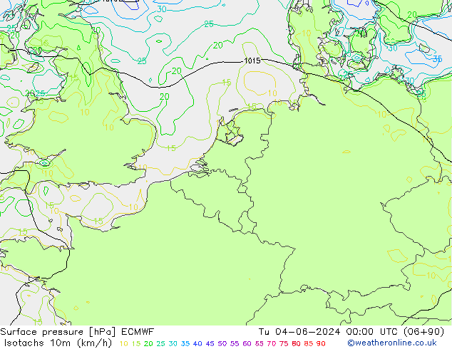 Isotachs (kph) ECMWF Út 04.06.2024 00 UTC