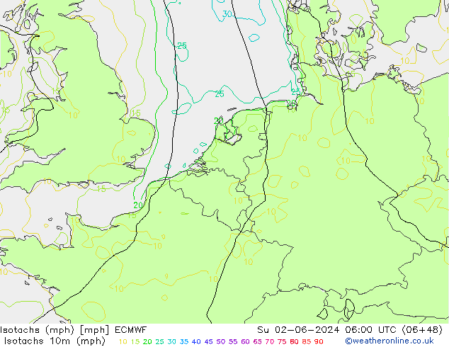 Isotachen (mph) ECMWF So 02.06.2024 06 UTC