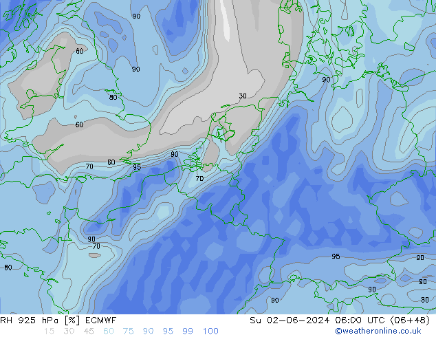 RH 925 hPa ECMWF So 02.06.2024 06 UTC