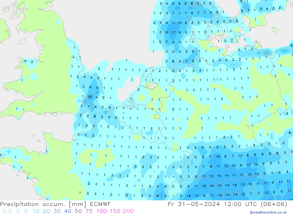 Precipitation accum. ECMWF Pá 31.05.2024 12 UTC