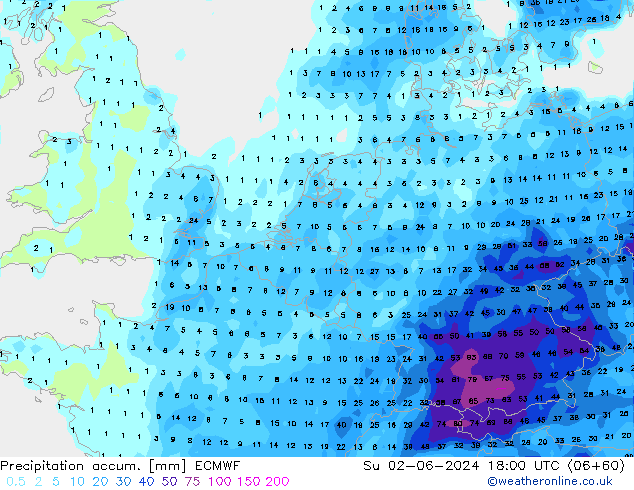 Precipitation accum. ECMWF dom 02.06.2024 18 UTC