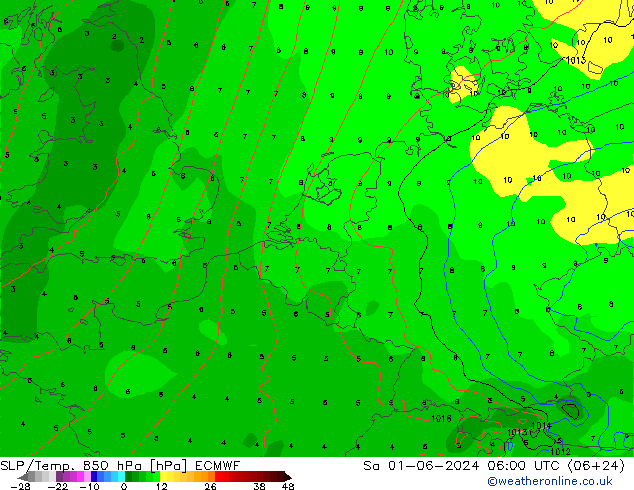 SLP/Temp. 850 hPa ECMWF Sa 01.06.2024 06 UTC