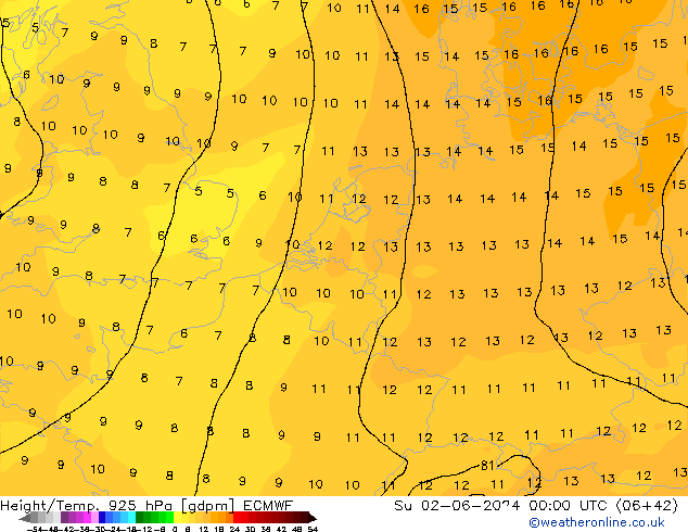 Height/Temp. 925 hPa ECMWF Su 02.06.2024 00 UTC