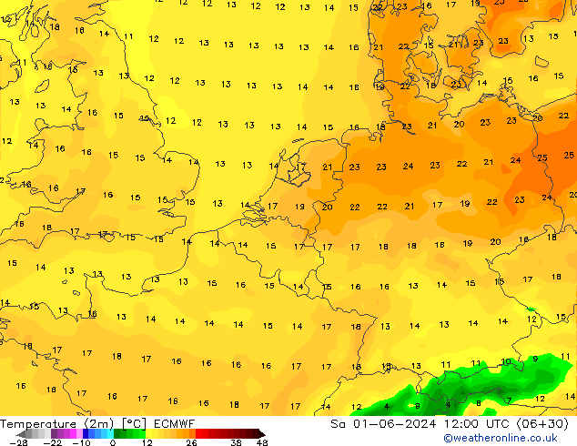 Temperature (2m) ECMWF Sa 01.06.2024 12 UTC