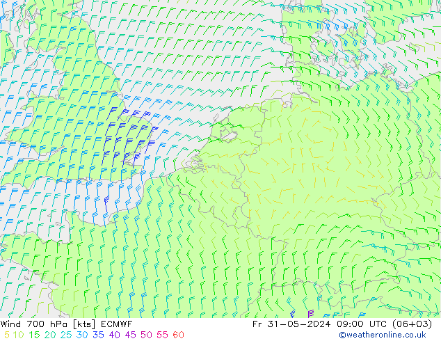 Vento 700 hPa ECMWF Sex 31.05.2024 09 UTC