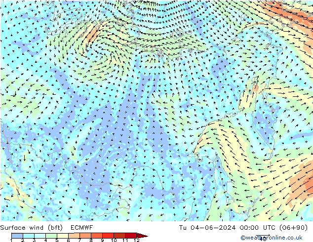 ве�Bе�@ 10 m (bft) ECMWF вт 04.06.2024 00 UTC