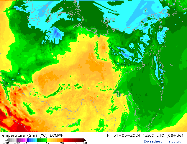 Temperatuurkaart (2m) ECMWF vr 31.05.2024 12 UTC