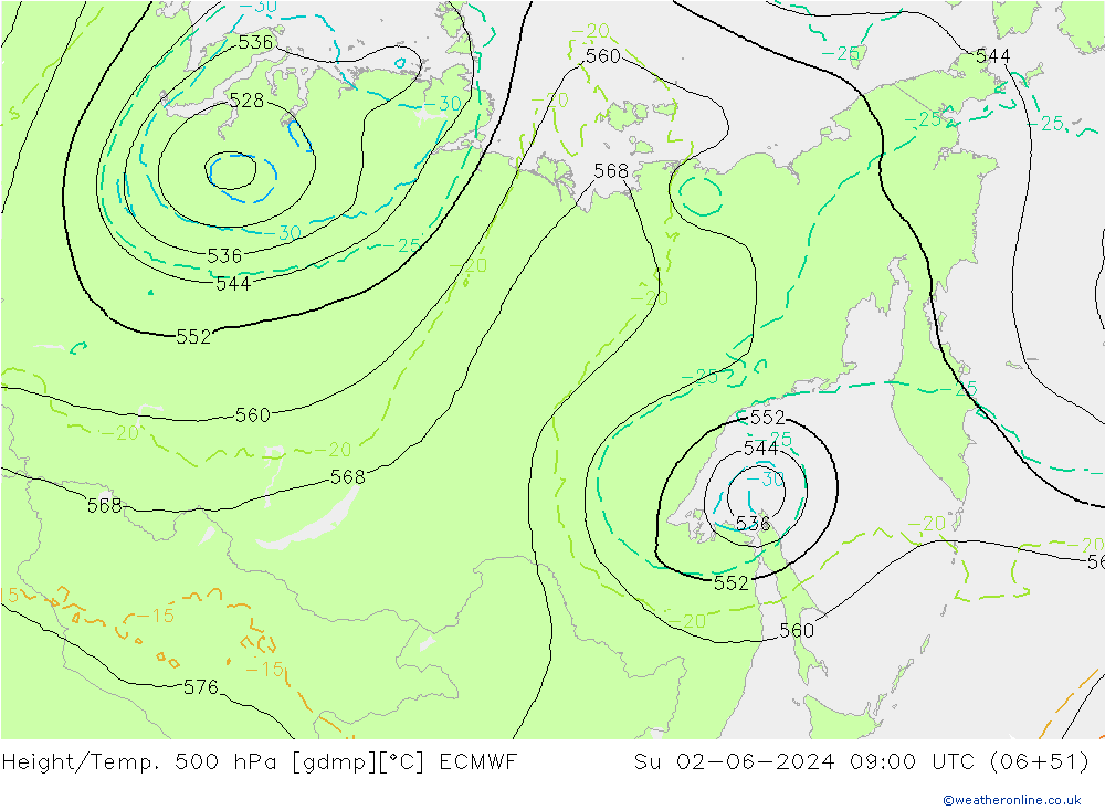 Hoogte/Temp. 500 hPa ECMWF zo 02.06.2024 09 UTC