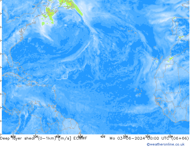 Deep layer shear (0-1km) ECMWF Mo 03.06.2024 00 UTC