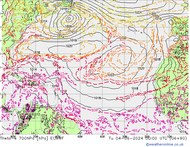 Theta-e 700hPa ECMWF Di 04.06.2024 00 UTC