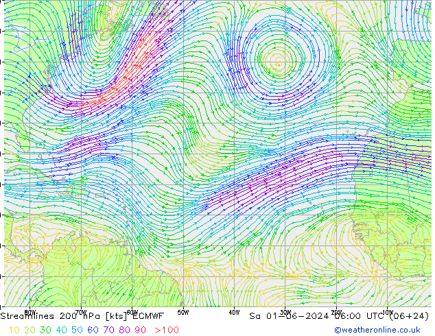 Linea di flusso 200 hPa ECMWF sab 01.06.2024 06 UTC