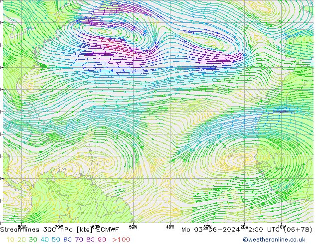 Linia prądu 300 hPa ECMWF pon. 03.06.2024 12 UTC