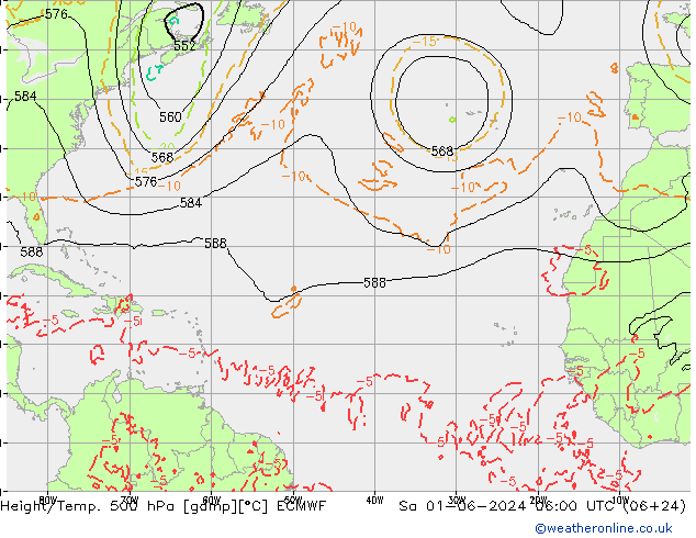 Hoogte/Temp. 500 hPa ECMWF za 01.06.2024 06 UTC