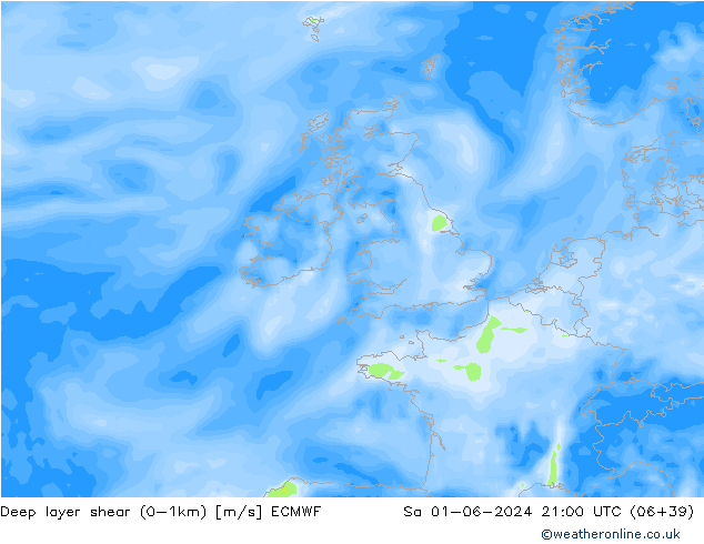 Deep layer shear (0-1km) ECMWF so. 01.06.2024 21 UTC