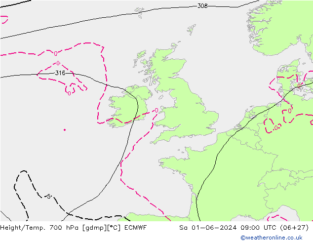 Height/Temp. 700 hPa ECMWF Sa 01.06.2024 09 UTC