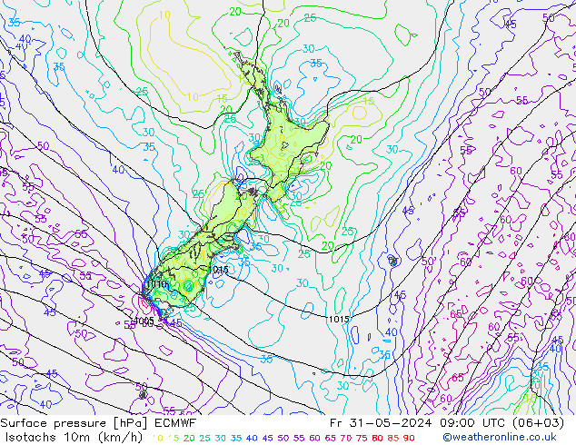 Isotachs (kph) ECMWF Pá 31.05.2024 09 UTC