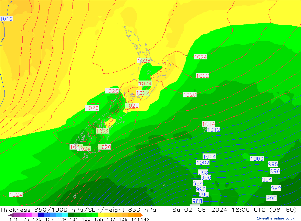 Dikte 850-1000 hPa ECMWF zo 02.06.2024 18 UTC