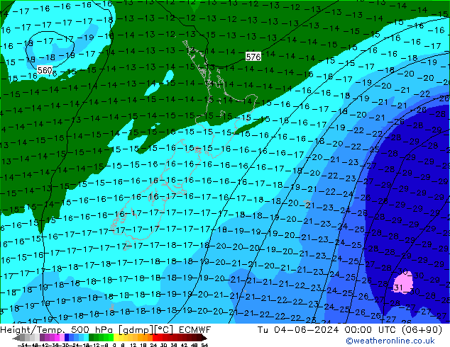 Height/Temp. 500 hPa ECMWF Út 04.06.2024 00 UTC