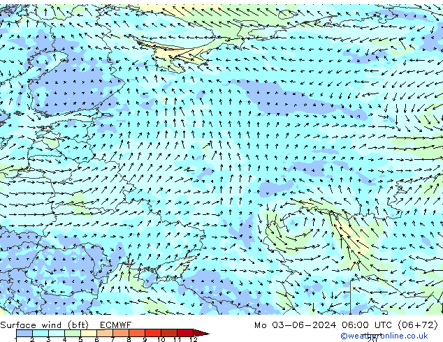 Surface wind (bft) ECMWF Po 03.06.2024 06 UTC