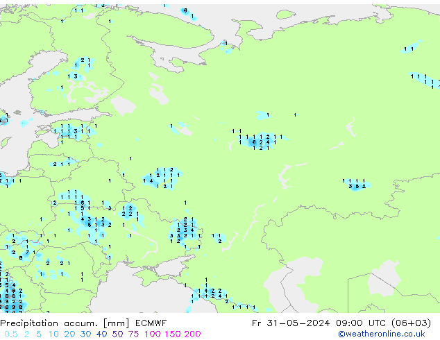 Precipitation accum. ECMWF Pá 31.05.2024 09 UTC