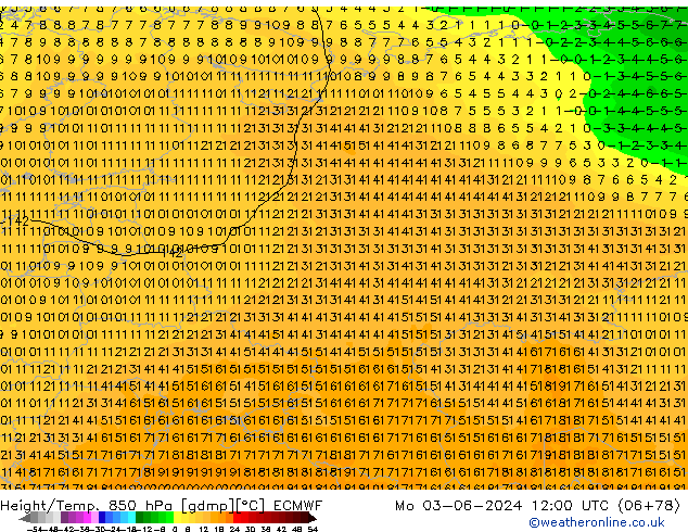 Height/Temp. 850 hPa ECMWF Mo 03.06.2024 12 UTC