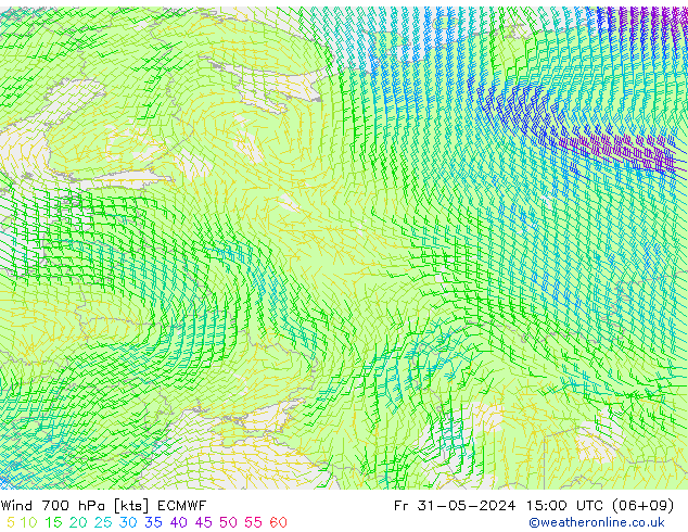 wiatr 700 hPa ECMWF pt. 31.05.2024 15 UTC