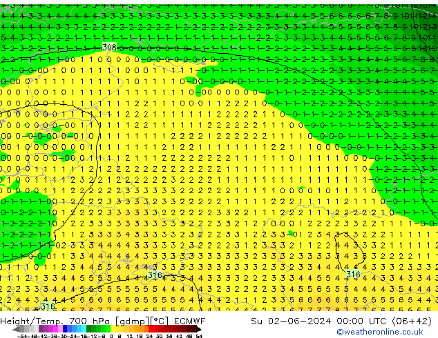 Geop./Temp. 700 hPa ECMWF dom 02.06.2024 00 UTC