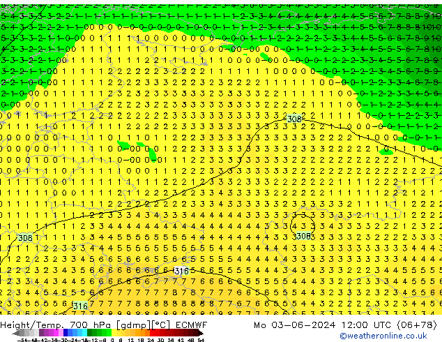 Height/Temp. 700 hPa ECMWF Mo 03.06.2024 12 UTC