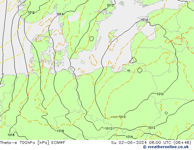 Theta-e 700hPa ECMWF Su 02.06.2024 06 UTC