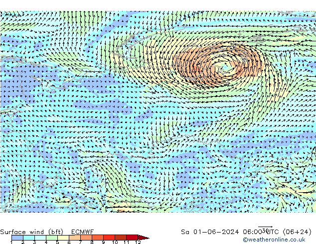 ве�Bе�@ 10 m (bft) ECMWF сб 01.06.2024 06 UTC