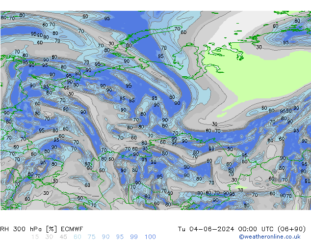 RH 300 hPa ECMWF Tu 04.06.2024 00 UTC