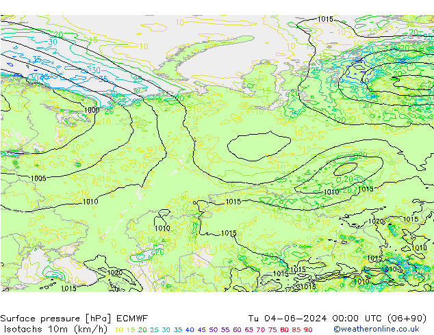 Isotachs (kph) ECMWF вт 04.06.2024 00 UTC