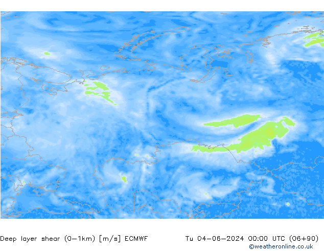 Deep layer shear (0-1km) ECMWF Tu 04.06.2024 00 UTC