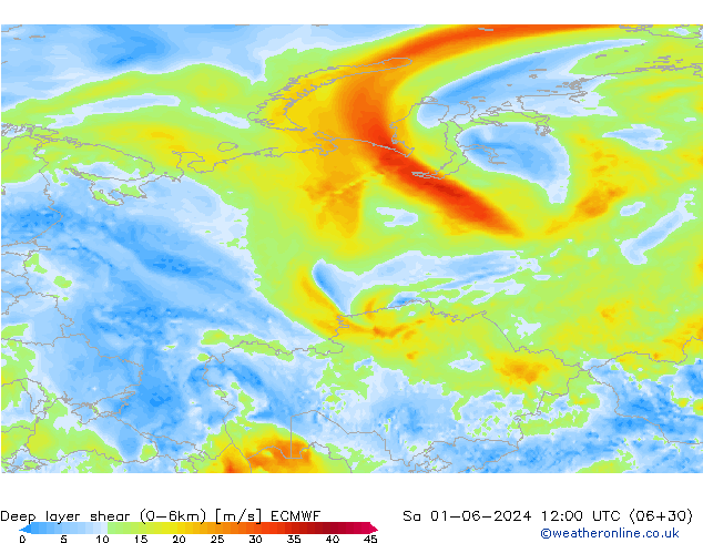 Deep layer shear (0-6km) ECMWF sam 01.06.2024 12 UTC